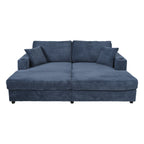 86.5 Oversized Loveseat Chaise Lounge Sectional Sofa Bed Corduroy Sleeper Sofa with Two USB Ports , Two Cup Holders and Two Throw Pillows for Living Room and Bedroom, Blue