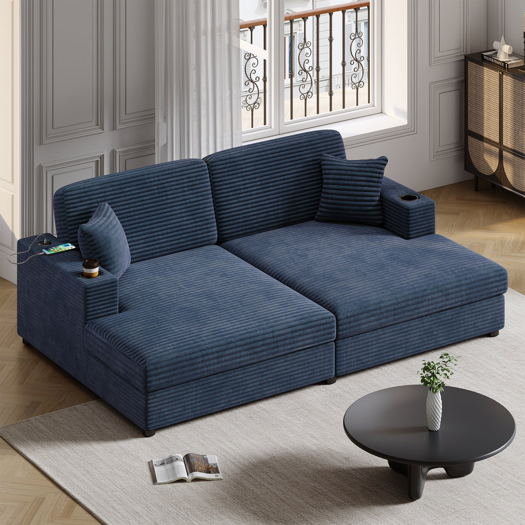 86.5 Oversized Loveseat Chaise Lounge Sectional Sofa Bed Corduroy Sleeper Sofa with Two USB Ports , Two Cup Holders and Two Throw Pillows for Living Room and Bedroom, Blue