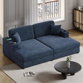 86.5 Oversized Loveseat Chaise Lounge Sectional Sofa Bed Corduroy Sleeper Sofa with Two USB Ports , Two Cup Holders and Two Throw Pillows for Living Room and Bedroom, Blue