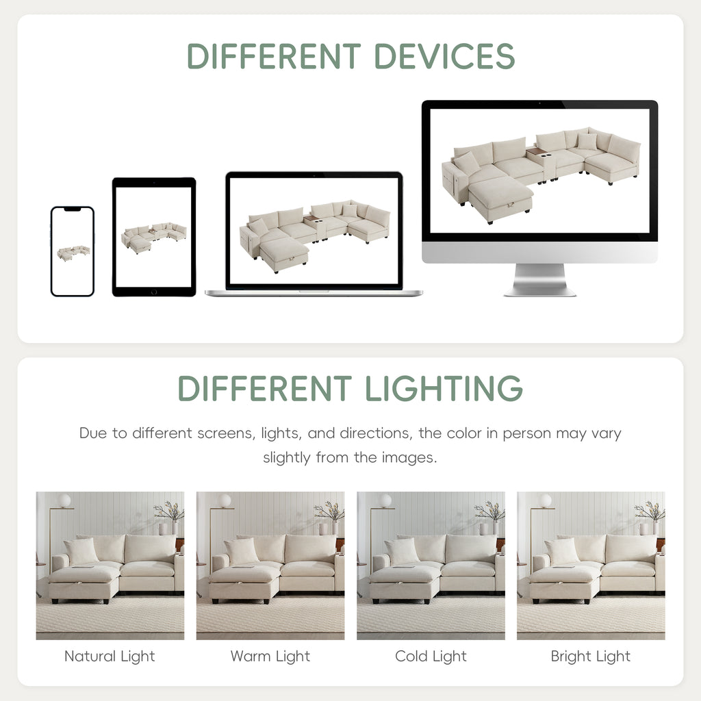 [VIDEO]140'' Oversized Modular Sectional Sofa with Movable Storage Ottoman and Console,Removable Storage Pockets,Cup Holder,Wide Seat,USB Charger,6 Seat U Shaped Chenille Couch for Living Room,2 Color