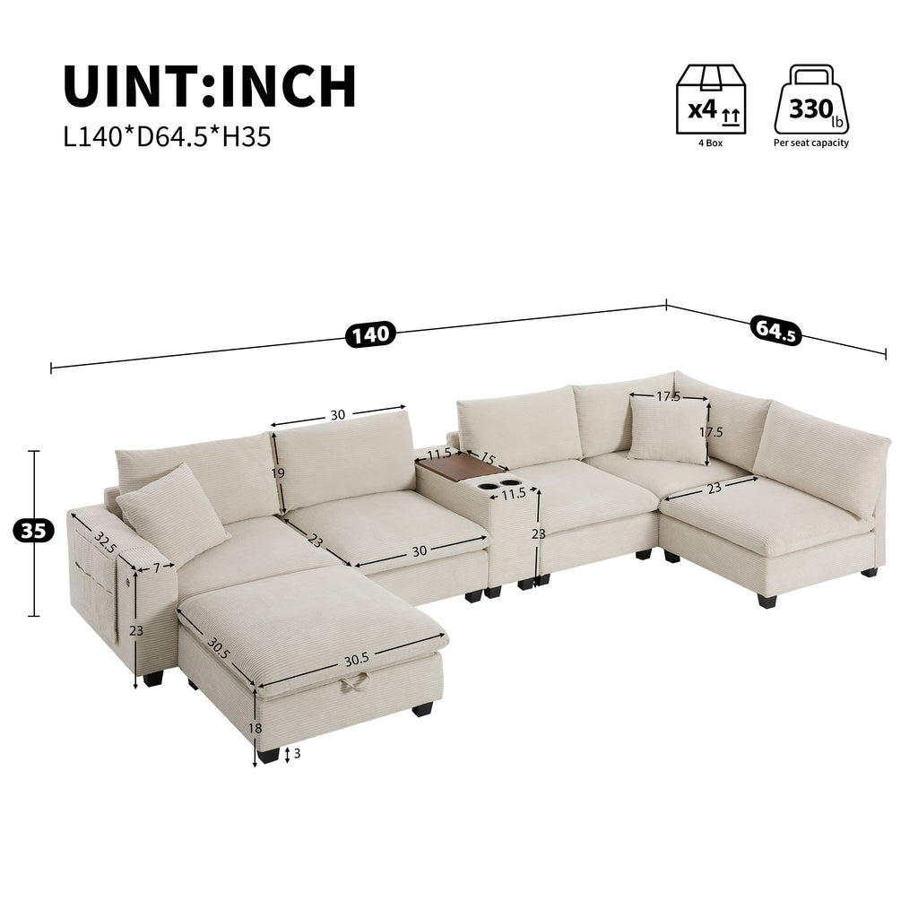 [VIDEO]140'' Oversized Modular Sectional Sofa with Movable Storage Ottoman and Console,Removable Storage Pockets,Cup Holder,Wide Seat,USB Charger,6 Seat U Shaped Chenille Couch for Living Room,2 Color