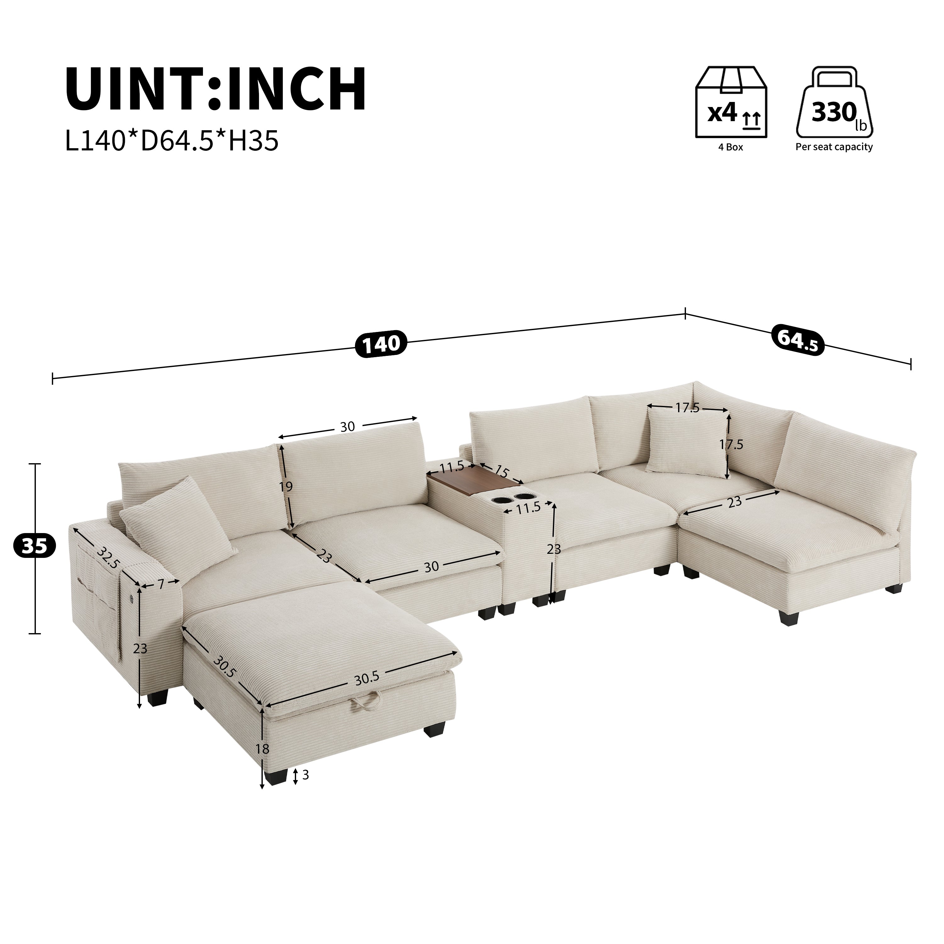 [VIDEO]140'' Oversized Modular Sectional Sofa with Movable Storage Ottoman and Console,Removable Storage Pockets,Cup Holder,Wide Seat,USB Charger,6 Seat U Shaped Chenille Couch for Living Room,2 Color