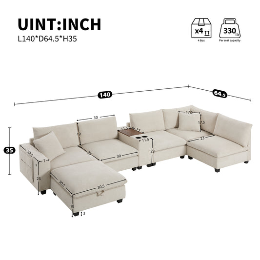 [VIDEO]140'' Oversized Modular Sectional Sofa with Movable Storage Ottoman and Console,Removable Storage Pockets,Cup Holder,Wide Seat,USB Charger,6 Seat U Shaped Chenille Couch for Living Room,2 Color