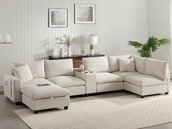 [VIDEO]140'' Oversized Modular Sectional Sofa with Movable Storage Ottoman and Console,Removable Storage Pockets,Cup Holder,Wide Seat,USB Charger,6 Seat U Shaped Chenille Couch for Living Room,2 Color