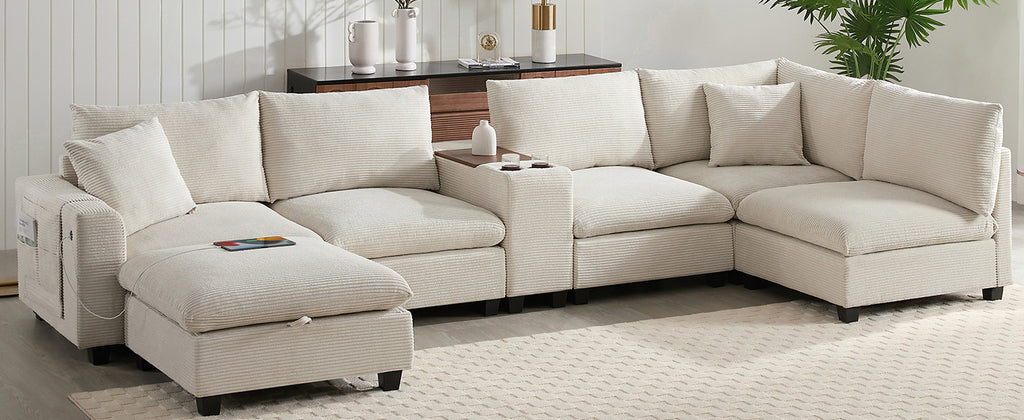 [VIDEO]140'' Oversized Modular Sectional Sofa with Movable Storage Ottoman and Console,Removable Storage Pockets,Cup Holder,Wide Seat,USB Charger,6 Seat U Shaped Chenille Couch for Living Room,2 Color