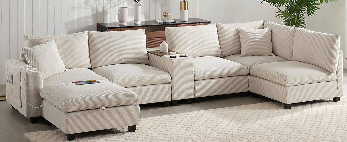 [VIDEO]140'' Oversized Modular Sectional Sofa with Movable Storage Ottoman and Console,Removable Storage Pockets,Cup Holder,Wide Seat,USB Charger,6 Seat U Shaped Chenille Couch for Living Room,2 Color