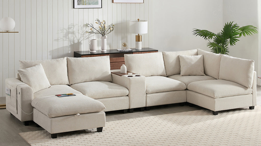 [VIDEO]140'' Oversized Modular Sectional Sofa with Movable Storage Ottoman and Console,Removable Storage Pockets,Cup Holder,Wide Seat,USB Charger,6 Seat U Shaped Chenille Couch for Living Room,2 Color