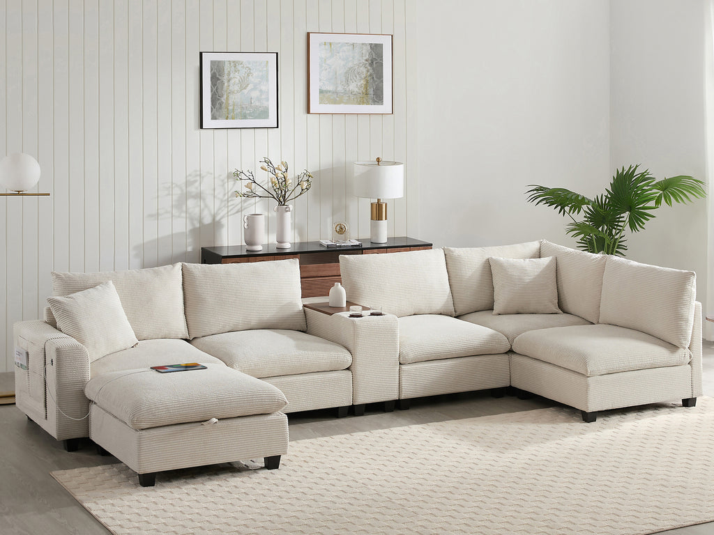 [VIDEO]140'' Oversized Modular Sectional Sofa with Movable Storage Ottoman and Console,Removable Storage Pockets,Cup Holder,Wide Seat,USB Charger,6 Seat U Shaped Chenille Couch for Living Room,2 Color