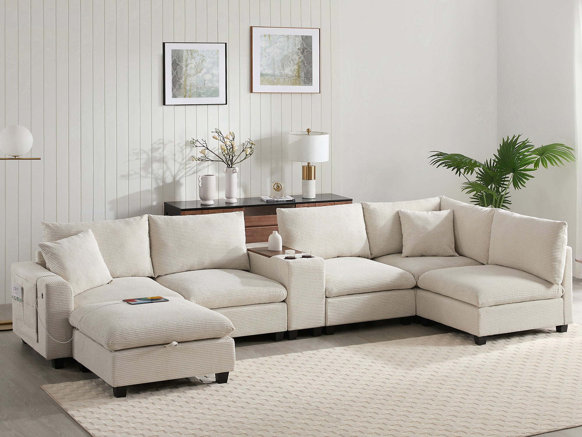 [VIDEO]140'' Oversized Modular Sectional Sofa with Movable Storage Ottoman and Console,Removable Storage Pockets,Cup Holder,Wide Seat,USB Charger,6 Seat U Shaped Chenille Couch for Living Room,2 Color