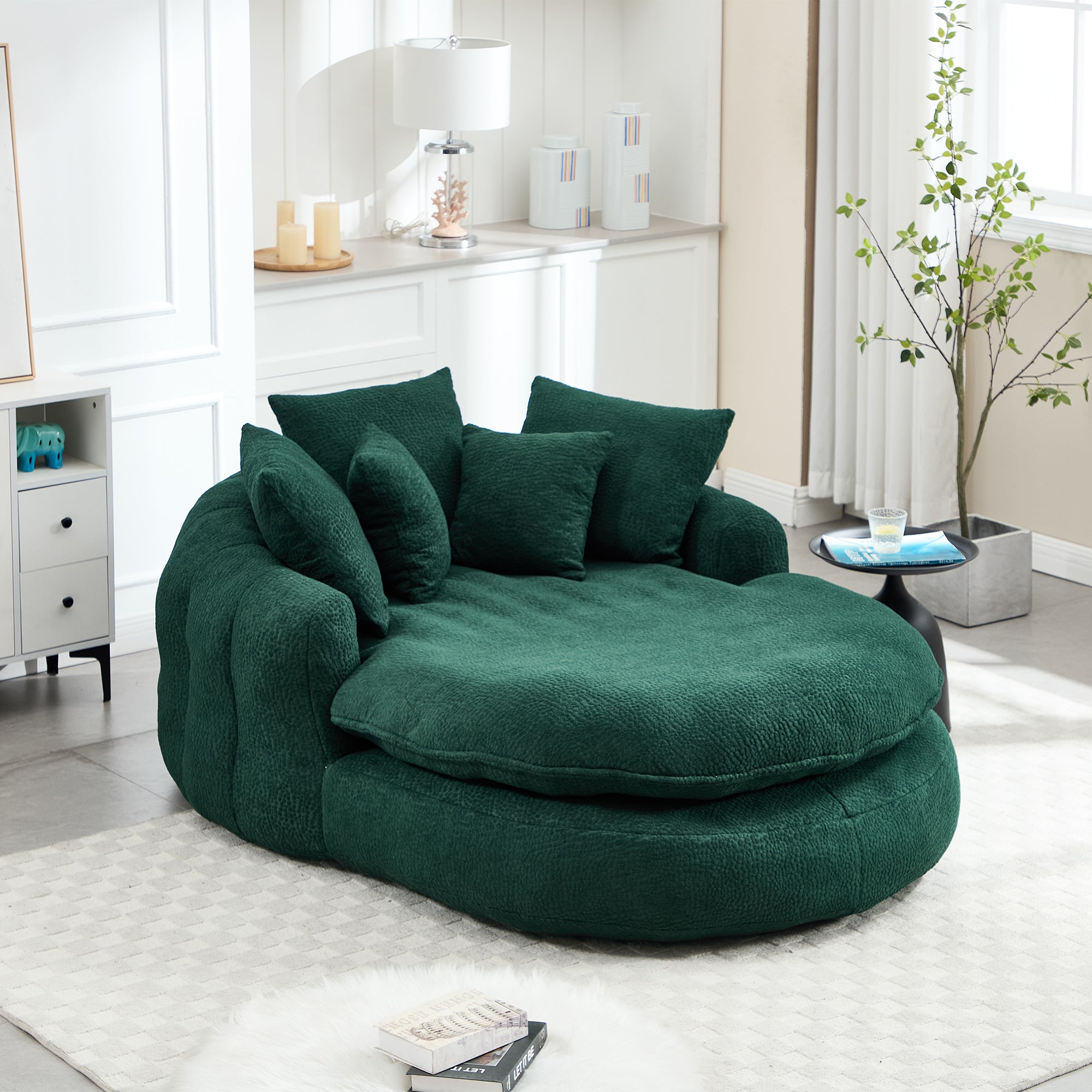 Oversized Oval Upholstered Bean Bag Sofa, Lazy Sofa with 3 Large Pillows and 2 Small Pillows, Wrap Around Backrest for Adults, Chenille Fabric Lazy Floor Bean Bag Sofa Bean Bag Chairs