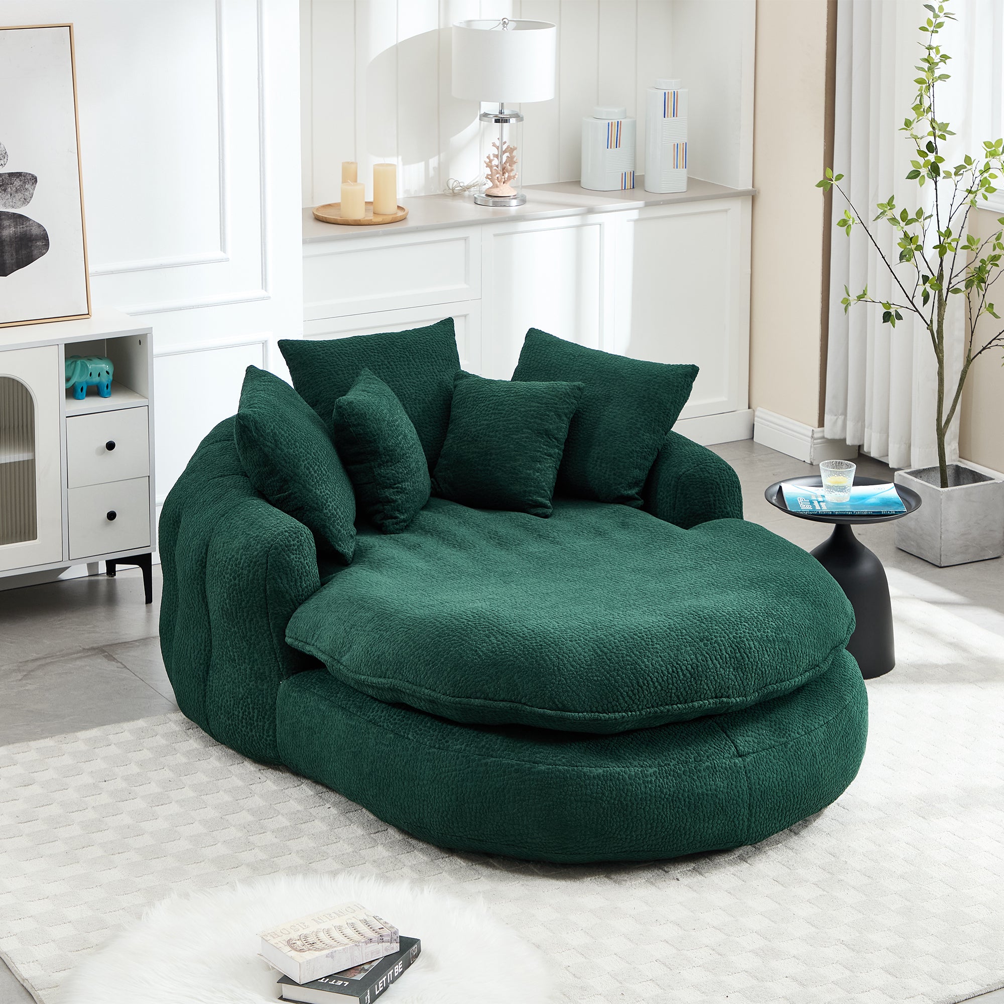 Oversized Oval Upholstered Bean Bag Sofa, Lazy Sofa with 3 Large Pillows and 2 Small Pillows, Wrap Around Backrest for Adults, Chenille Fabric Lazy Floor Bean Bag Sofa Bean Bag Chairs