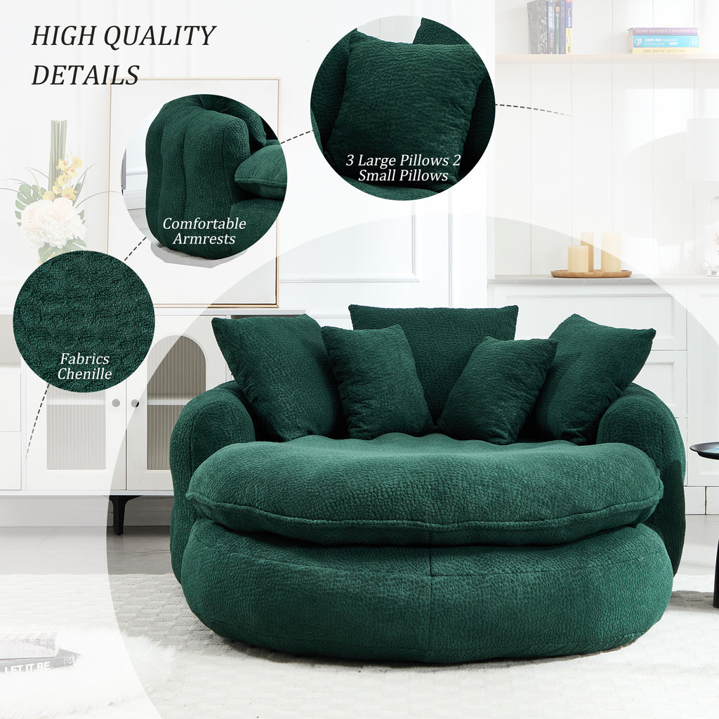 Oversized Oval Upholstered Bean Bag Sofa, Lazy Sofa with 3 Large Pillows and 2 Small Pillows, Wrap Around Backrest for Adults, Chenille Fabric Lazy Floor Bean Bag Sofa Bean Bag Chairs