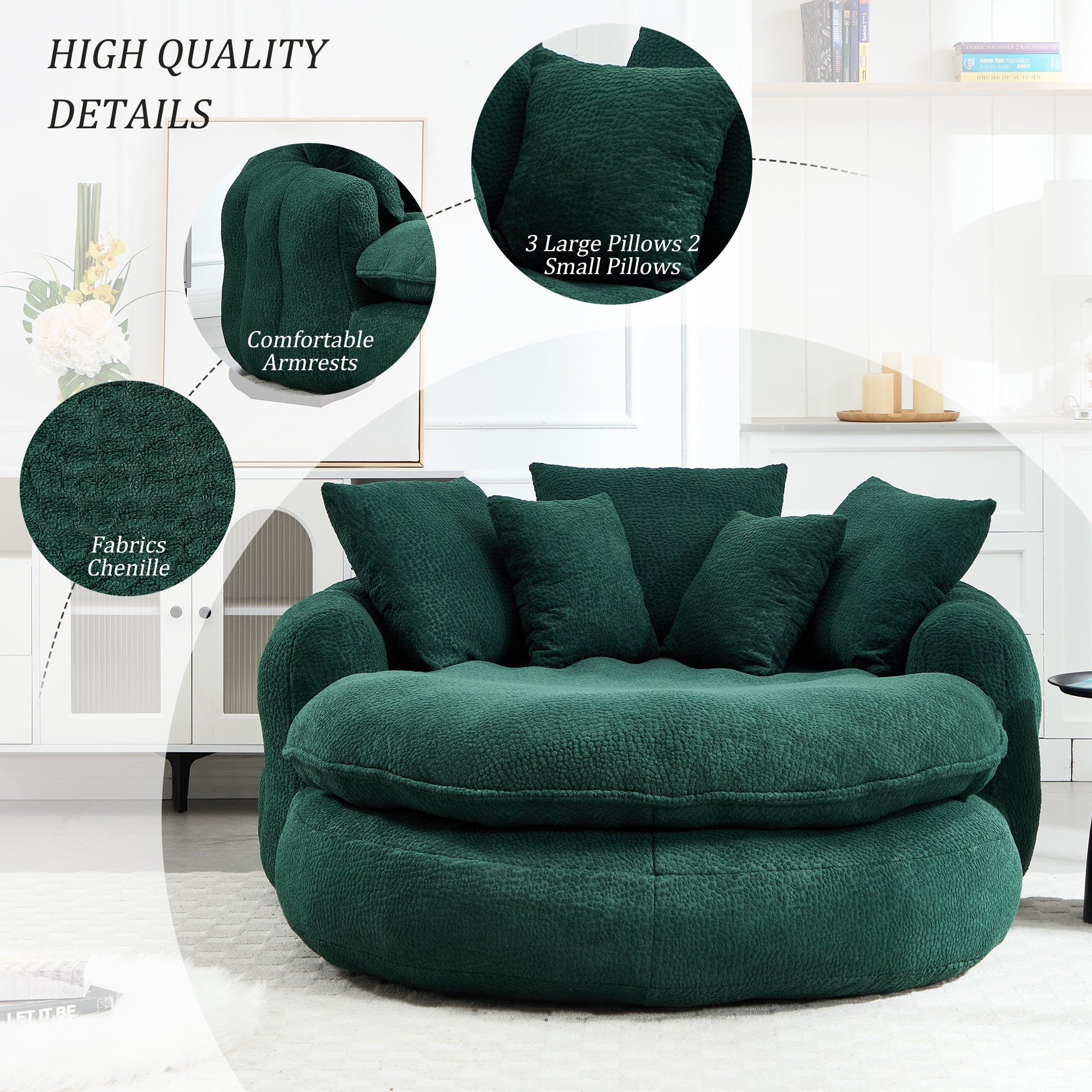 Oversized Oval Upholstered Bean Bag Sofa, Lazy Sofa with 3 Large Pillows and 2 Small Pillows, Wrap Around Backrest for Adults, Chenille Fabric Lazy Floor Bean Bag Sofa Bean Bag Chairs