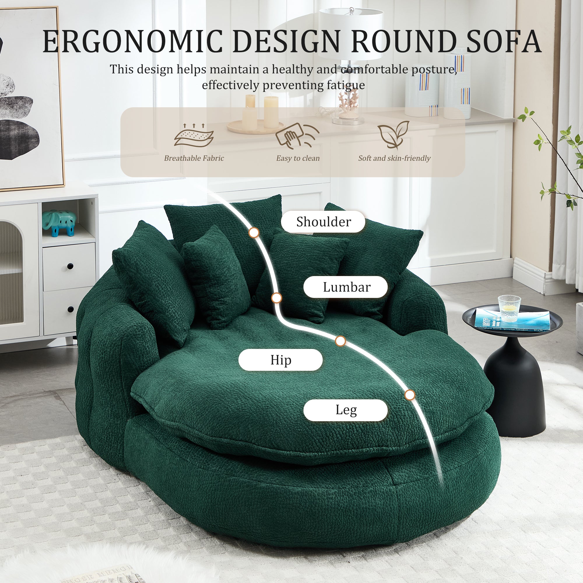 Oversized Oval Upholstered Bean Bag Sofa, Lazy Sofa with 3 Large Pillows and 2 Small Pillows, Wrap Around Backrest for Adults, Chenille Fabric Lazy Floor Bean Bag Sofa Bean Bag Chairs