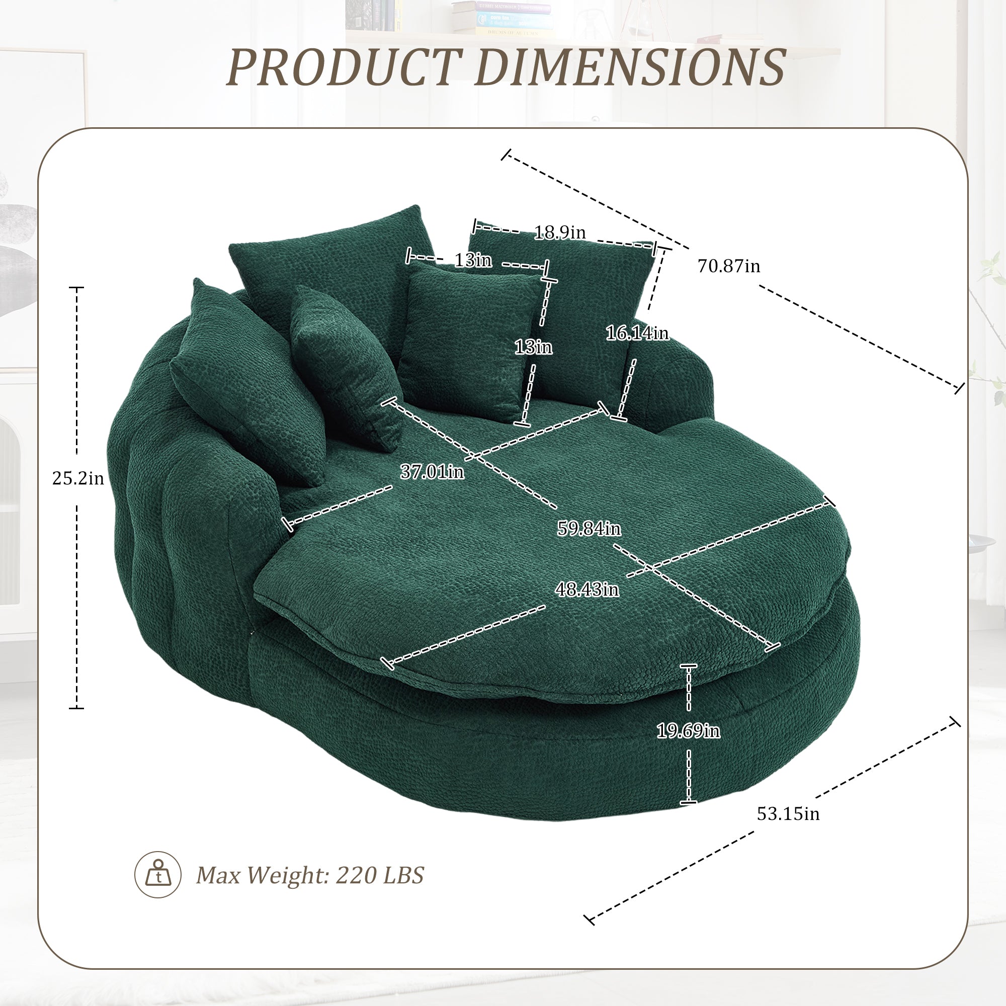 Oversized Oval Upholstered Bean Bag Sofa, Lazy Sofa with 3 Large Pillows and 2 Small Pillows, Wrap Around Backrest for Adults, Chenille Fabric Lazy Floor Bean Bag Sofa Bean Bag Chairs