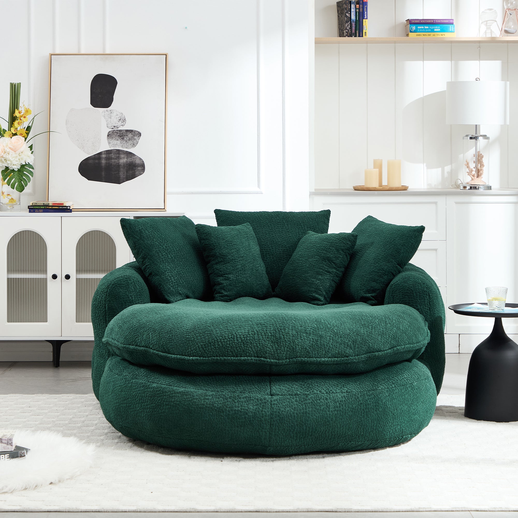 Oversized Oval Upholstered Bean Bag Sofa, Lazy Sofa with 3 Large Pillows and 2 Small Pillows, Wrap Around Backrest for Adults, Chenille Fabric Lazy Floor Bean Bag Sofa Bean Bag Chairs