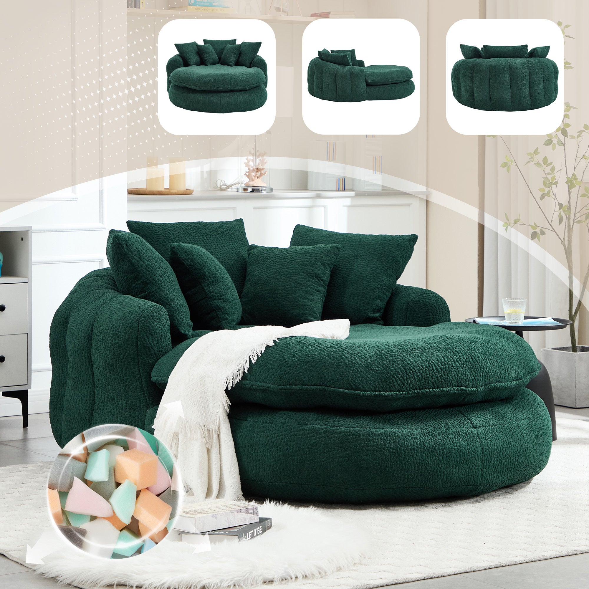 Oversized Oval Upholstered Bean Bag Sofa, Lazy Sofa with 3 Large Pillows and 2 Small Pillows, Wrap Around Backrest for Adults, Chenille Fabric Lazy Floor Bean Bag Sofa Bean Bag Chairs