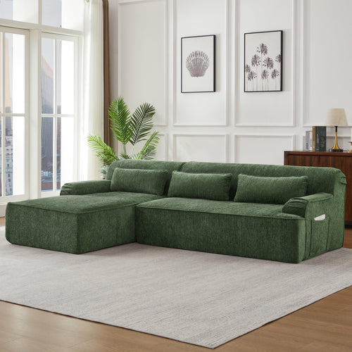 Oversized Green Chenille L-Shape Sectional Sofa.