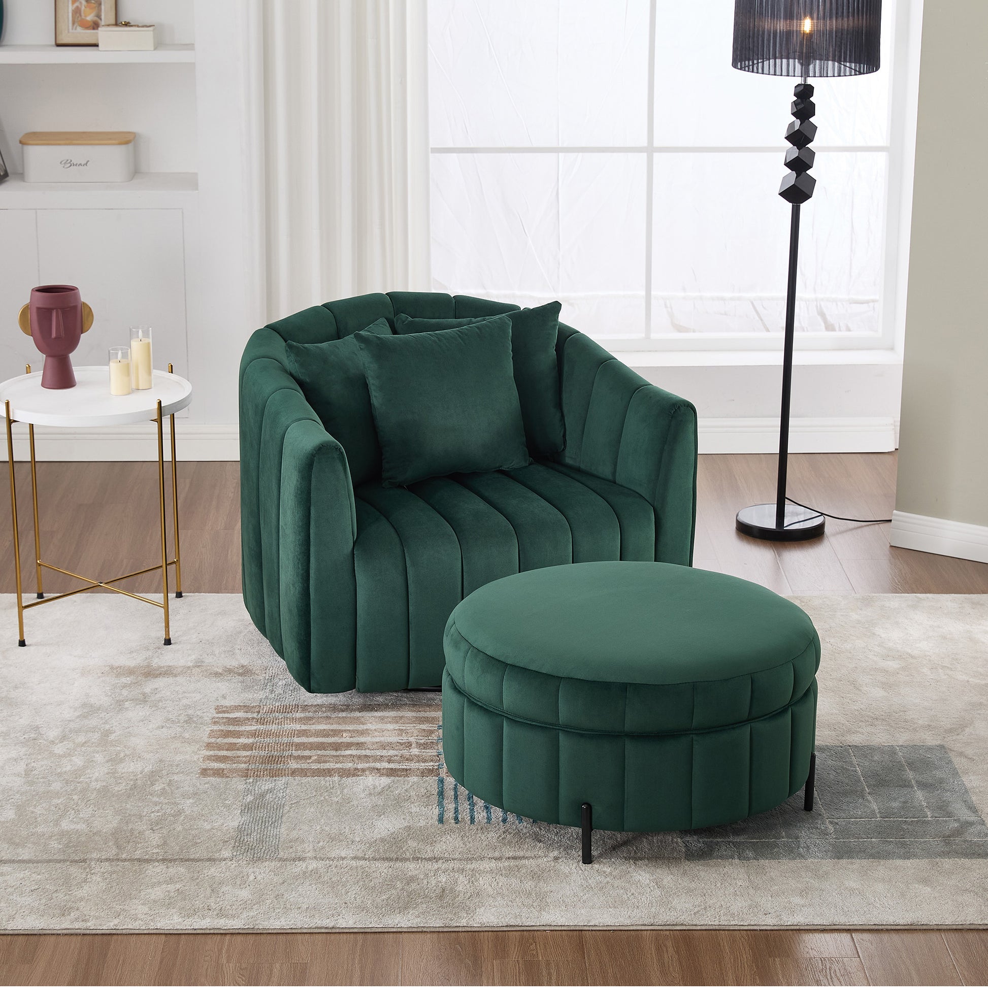 40.35'W Oversized 360° Swivel Accent Barrel Chair and Half Sofa with Ottoman, Velvet Channel Tufted Pumpkin-Shape Club Armchair & 3 Pillows with Storage Stool for Living Room, Bedroom, Lounge, GREEN