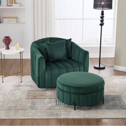40.35'W Oversized 360° Swivel Accent Barrel Chair and Half Sofa with Ottoman, Velvet Channel Tufted Pumpkin-Shape Club Armchair & 3 Pillows with Storage Stool for Living Room, Bedroom, Lounge, GREEN