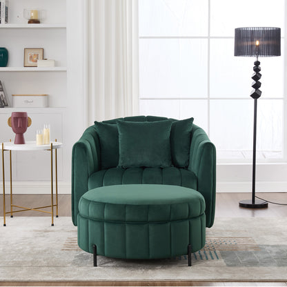 40.35'W Oversized 360° Swivel Accent Barrel Chair and Half Sofa with Ottoman, Velvet Channel Tufted Pumpkin-Shape Club Armchair & 3 Pillows with Storage Stool for Living Room, Bedroom, Lounge, GREEN