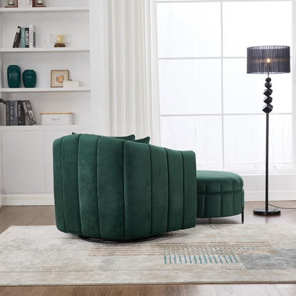 40.35'W Oversized 360° Swivel Accent Barrel Chair and Half Sofa with Ottoman, Velvet Channel Tufted Pumpkin-Shape Club Armchair & 3 Pillows with Storage Stool for Living Room, Bedroom, Lounge, GREEN