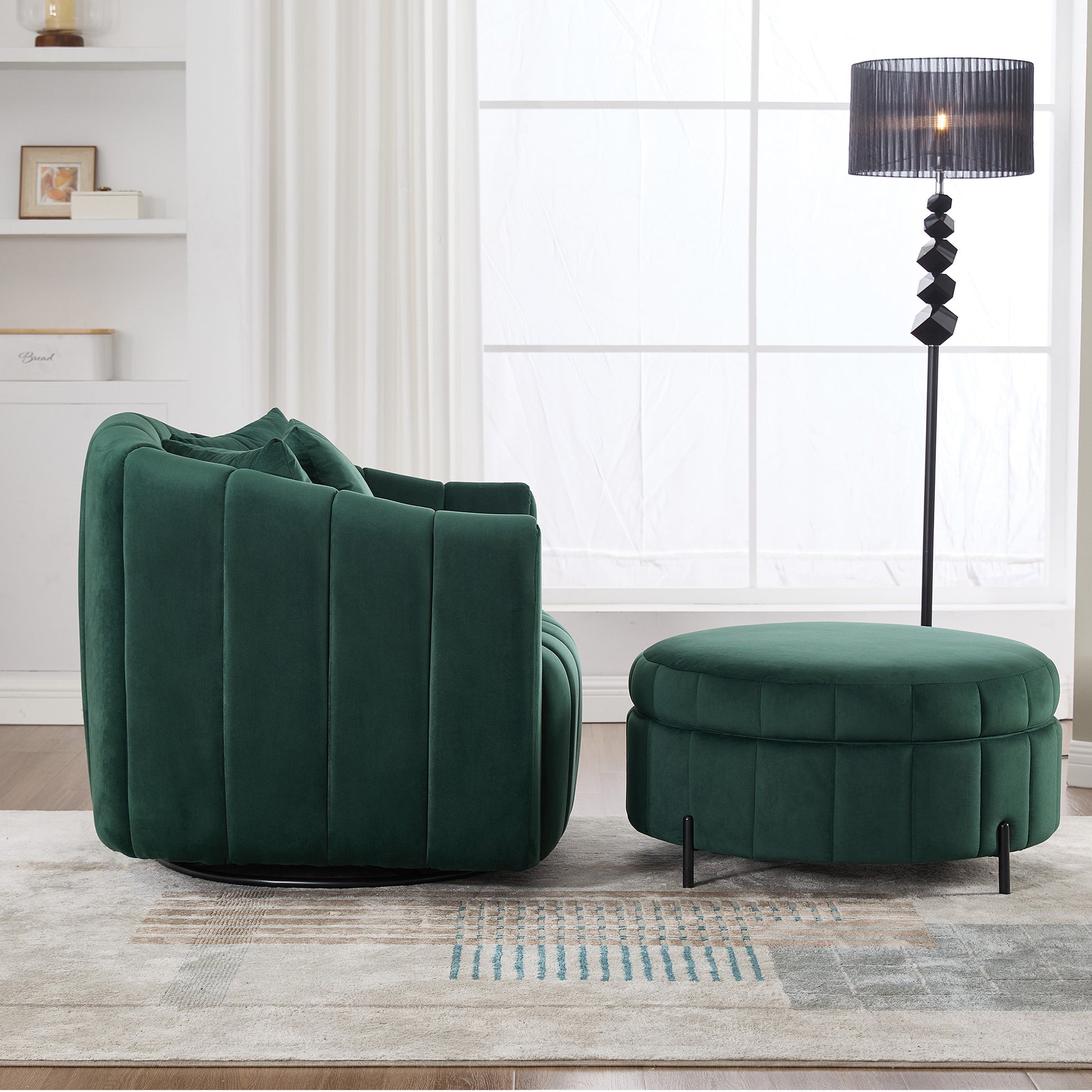 40.35'W Oversized 360° Swivel Accent Barrel Chair and Half Sofa with Ottoman, Velvet Channel Tufted Pumpkin-Shape Club Armchair & 3 Pillows with Storage Stool for Living Room, Bedroom, Lounge, GREEN