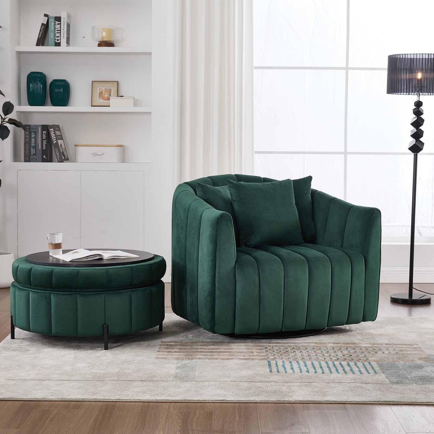 40.35'W Oversized 360° Swivel Accent Barrel Chair and Half Sofa with Ottoman, Velvet Channel Tufted Pumpkin-Shape Club Armchair & 3 Pillows with Storage Stool for Living Room, Bedroom, Lounge, GREEN