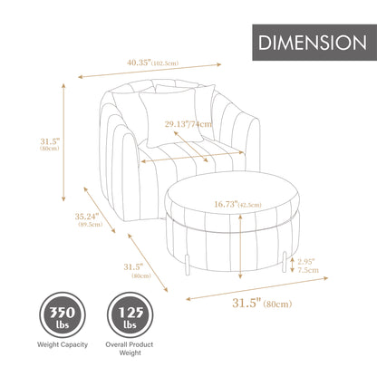 40.35'W Oversized 360° Swivel Accent Barrel Chair and Half Sofa with Ottoman, Velvet Channel Tufted Pumpkin-Shape Club Armchair & 3 Pillows with Storage Stool for Living Room, Bedroom, Lounge, GREEN