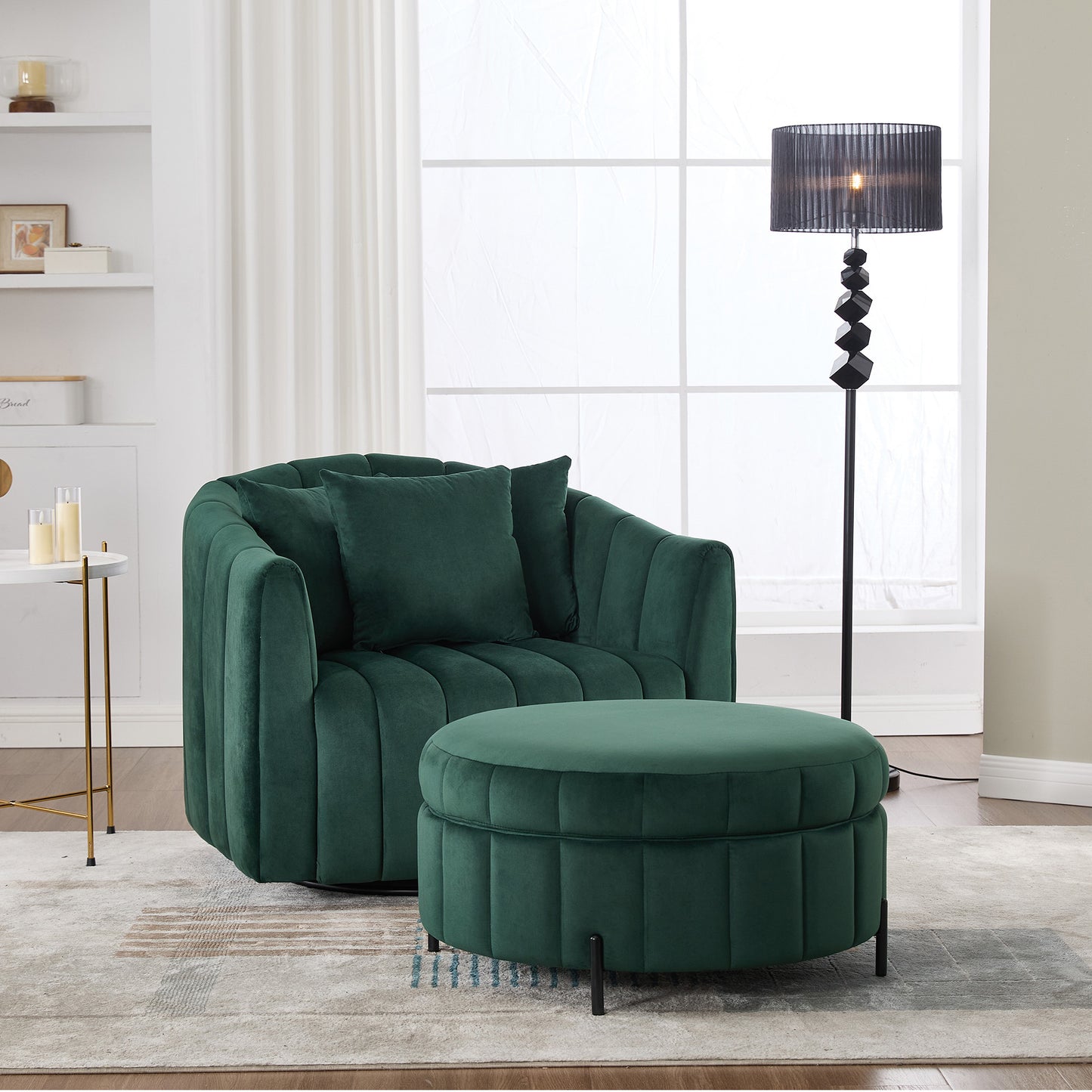 40.35'W Oversized 360° Swivel Accent Barrel Chair and Half Sofa with Ottoman, Velvet Channel Tufted Pumpkin-Shape Club Armchair & 3 Pillows with Storage Stool for Living Room, Bedroom, Lounge, GREEN