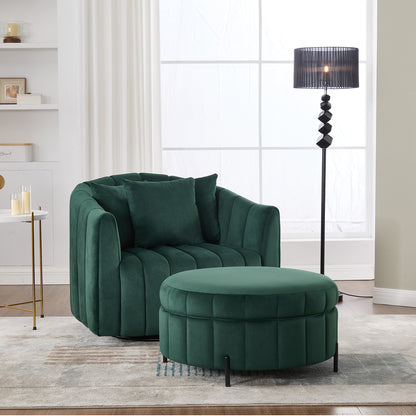 40.35'W Oversized 360° Swivel Accent Barrel Chair and Half Sofa with Ottoman, Velvet Channel Tufted Pumpkin-Shape Club Armchair & 3 Pillows with Storage Stool for Living Room, Bedroom, Lounge, GREEN