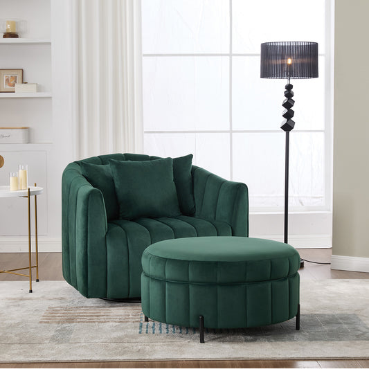 40.35'W Oversized 360° Swivel Accent Barrel Chair and Half Sofa with Ottoman, Velvet Channel Tufted Pumpkin-Shape Club Armchair & 3 Pillows with Storage Stool for Living Room, Bedroom, Lounge, GREEN