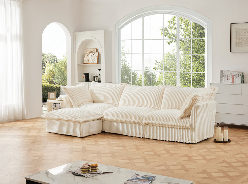 L-Shaped Slipcovered Sectional Sofa Couch, Comfy Deep Seat Cloud Couch with Convertible Ottoman & 2 Big Pillows, Modern Oversized 3 Seater Slipcovered Sofa Set for Living Room Office, Cream Corduroy