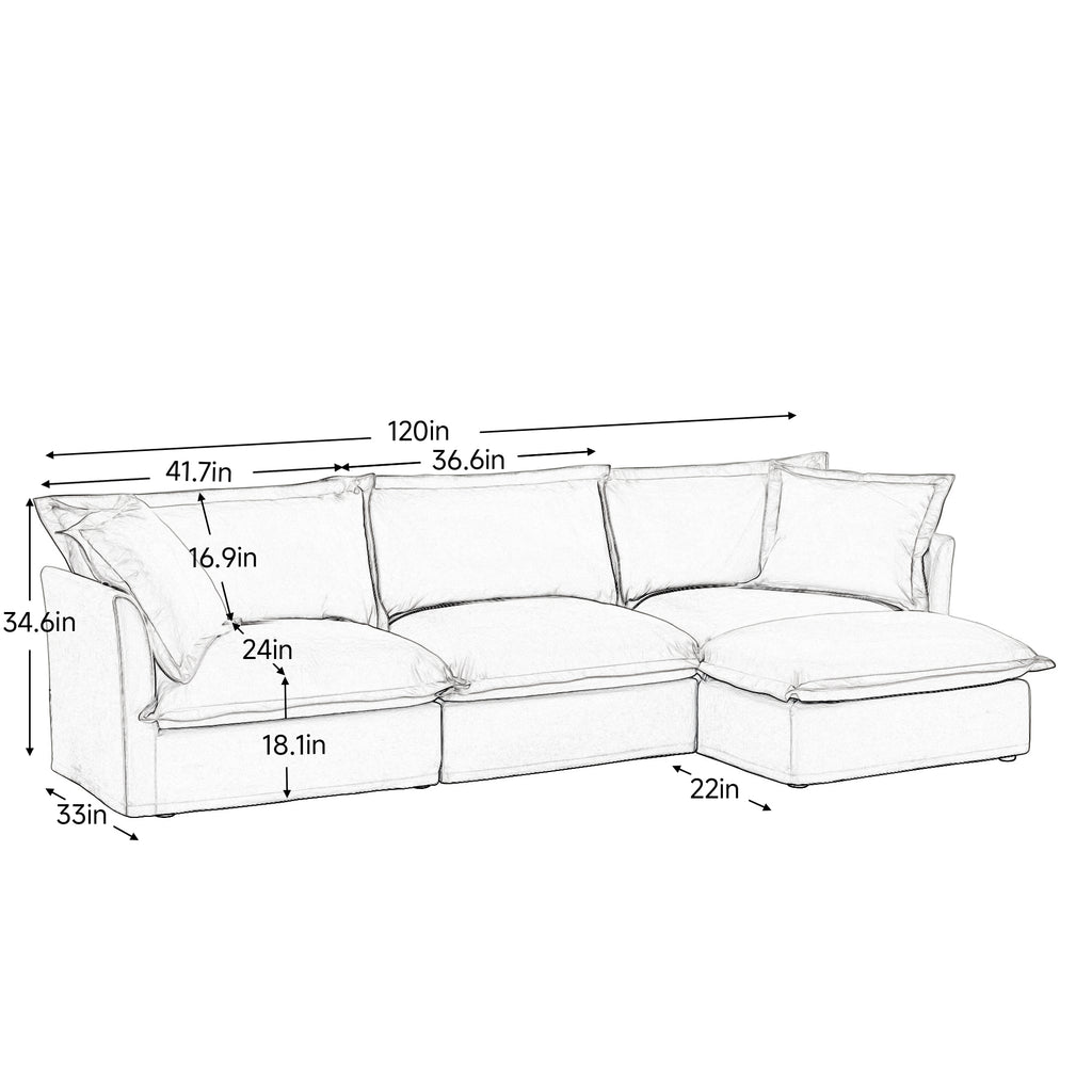 L-Shaped Slipcovered Sectional Sofa Couch, Comfy Deep Seat Cloud Couch with Convertible Ottoman & 2 Big Pillows, Modern Oversized 3 Seater Slipcovered Sofa Set for Living Room Office, Cream Corduroy