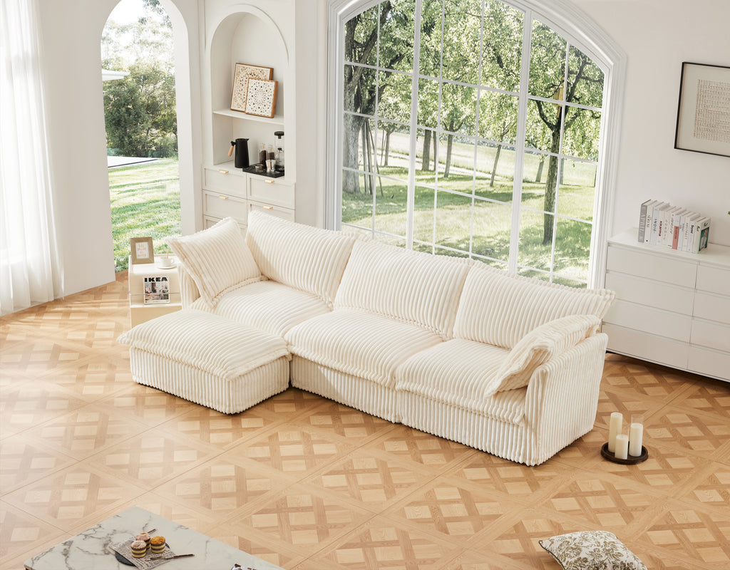 L-Shaped Slipcovered Sectional Sofa Couch, Comfy Deep Seat Cloud Couch with Convertible Ottoman & 2 Big Pillows, Modern Oversized 3 Seater Slipcovered Sofa Set for Living Room Office, Cream Corduroy