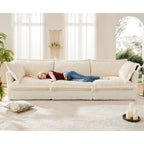 L-Shaped Slipcovered Sectional Sofa Couch, Comfy Deep Seat Cloud Couch with Convertible Ottoman & 2 Big Pillows, Modern Oversized 3 Seater Slipcovered Sofa Set for Living Room Office, Cream Corduroy
