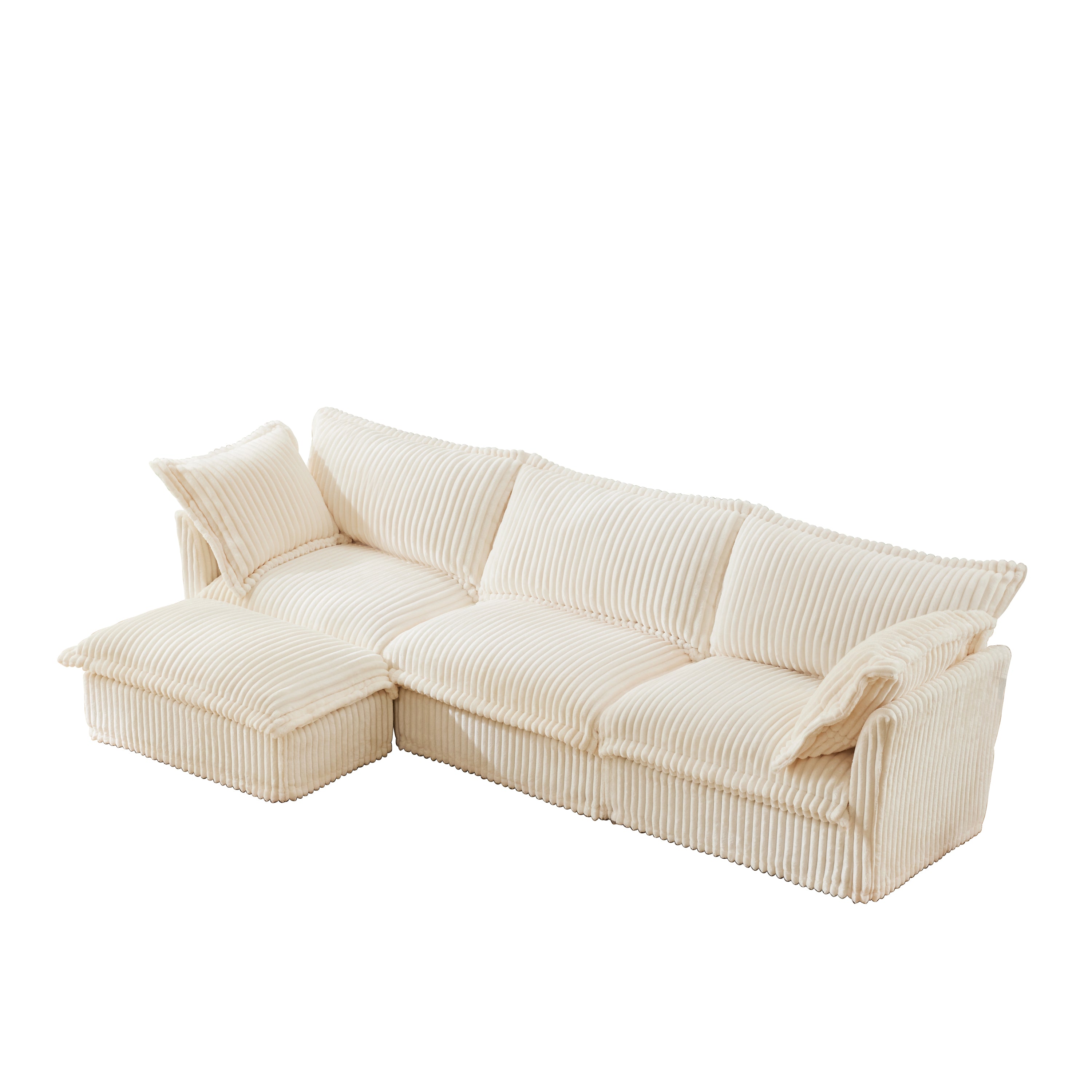 L-Shaped Slipcovered Sectional Sofa Couch, Comfy Deep Seat Cloud Couch with Convertible Ottoman & 2 Big Pillows, Modern Oversized 3 Seater Slipcovered Sofa Set for Living Room Office, Cream Corduroy