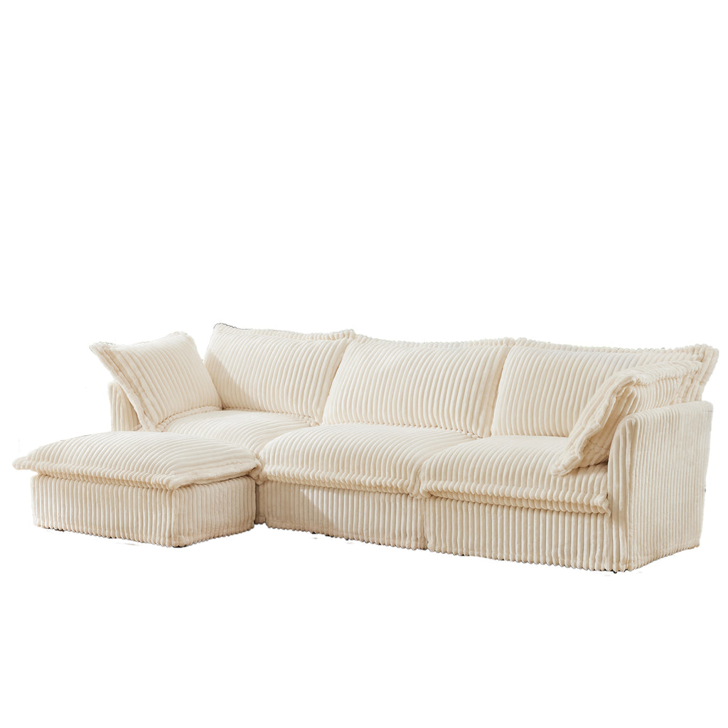 L-Shaped Slipcovered Sectional Sofa Couch, Comfy Deep Seat Cloud Couch with Convertible Ottoman & 2 Big Pillows, Modern Oversized 3 Seater Slipcovered Sofa Set for Living Room Office, Cream Corduroy