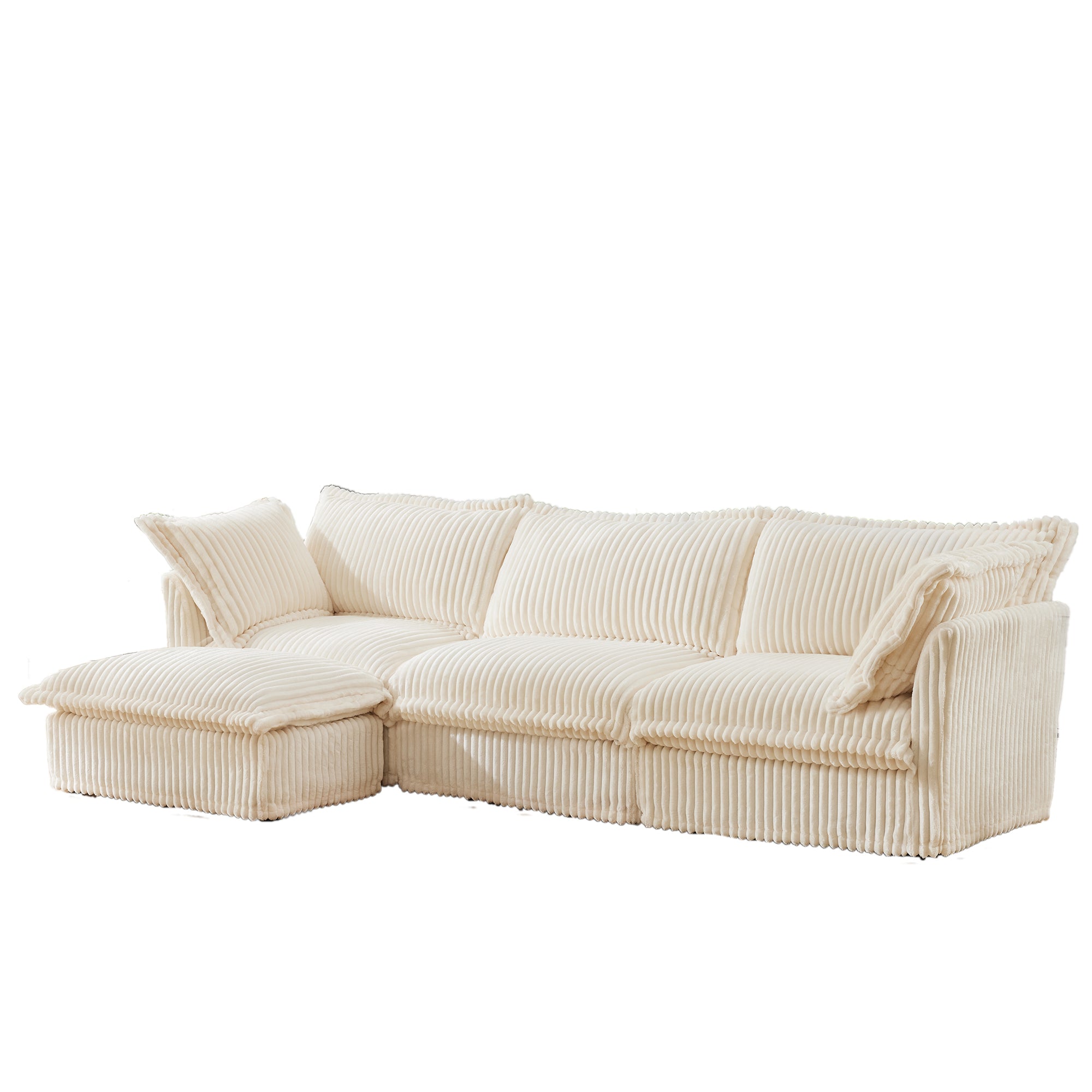 L-Shaped Slipcovered Sectional Sofa Couch, Comfy Deep Seat Cloud Couch with Convertible Ottoman & 2 Big Pillows, Modern Oversized 3 Seater Slipcovered Sofa Set for Living Room Office, Cream Corduroy