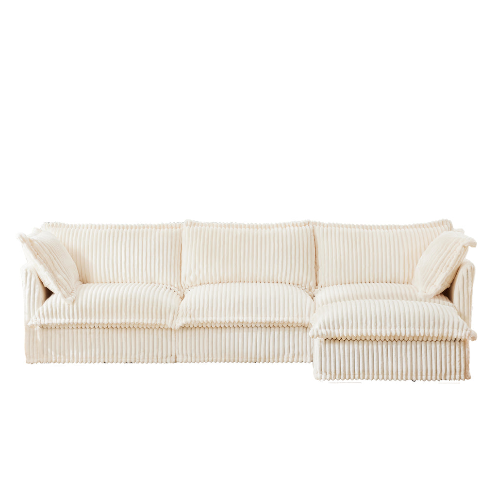L-Shaped Slipcovered Sectional Sofa Couch, Comfy Deep Seat Cloud Couch with Convertible Ottoman & 2 Big Pillows, Modern Oversized 3 Seater Slipcovered Sofa Set for Living Room Office, Cream Corduroy