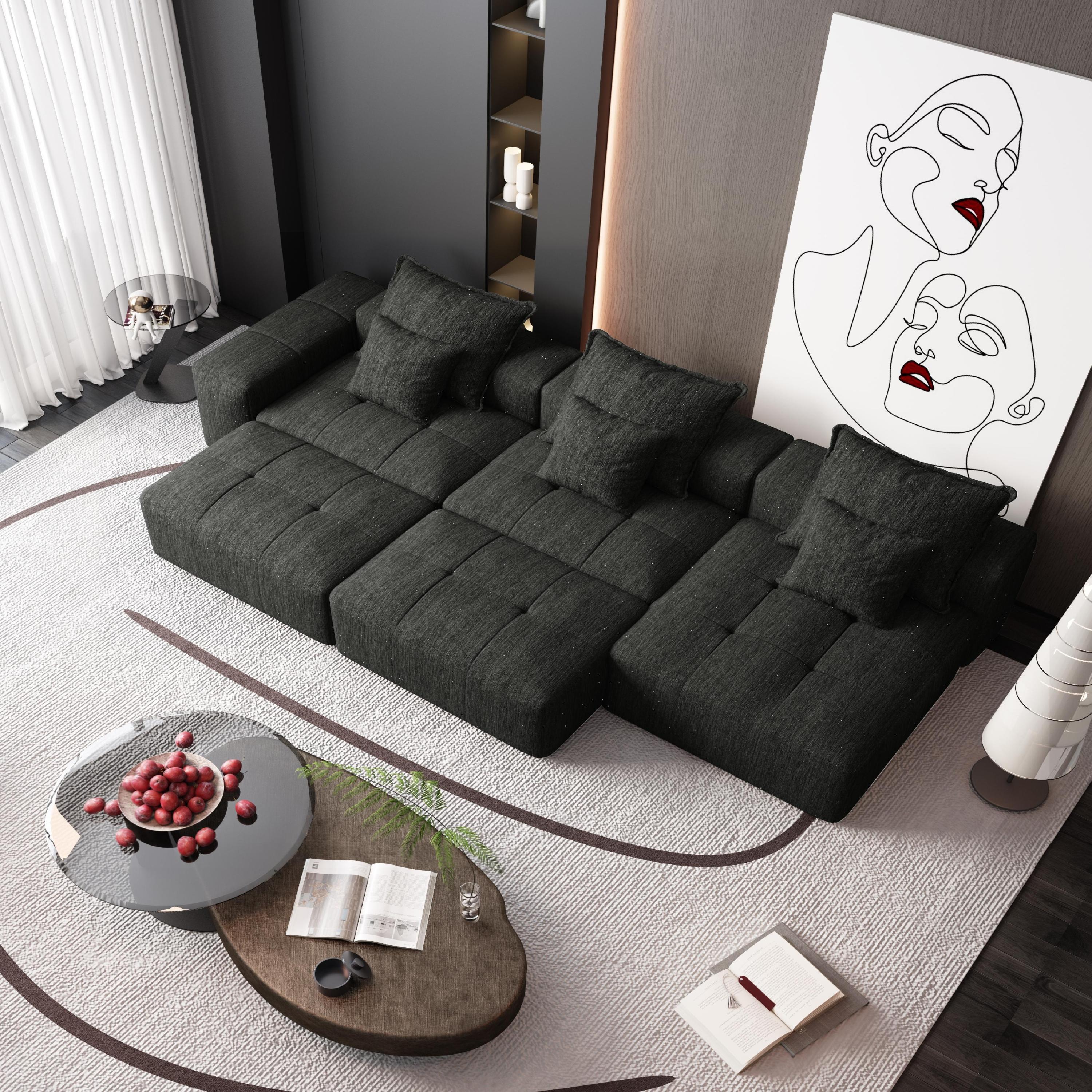 Modern Oversized Modular Sectional Sofa,Sparkling Chenille Fabric Soft Cushion Sofa with 6 Pillows,6 PCS DIY Combination Tufted Sofa,No Assembly Required,BLACK