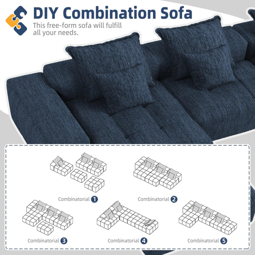 Oversized Modern Chenille Modular Sectional Sofa in Blue.