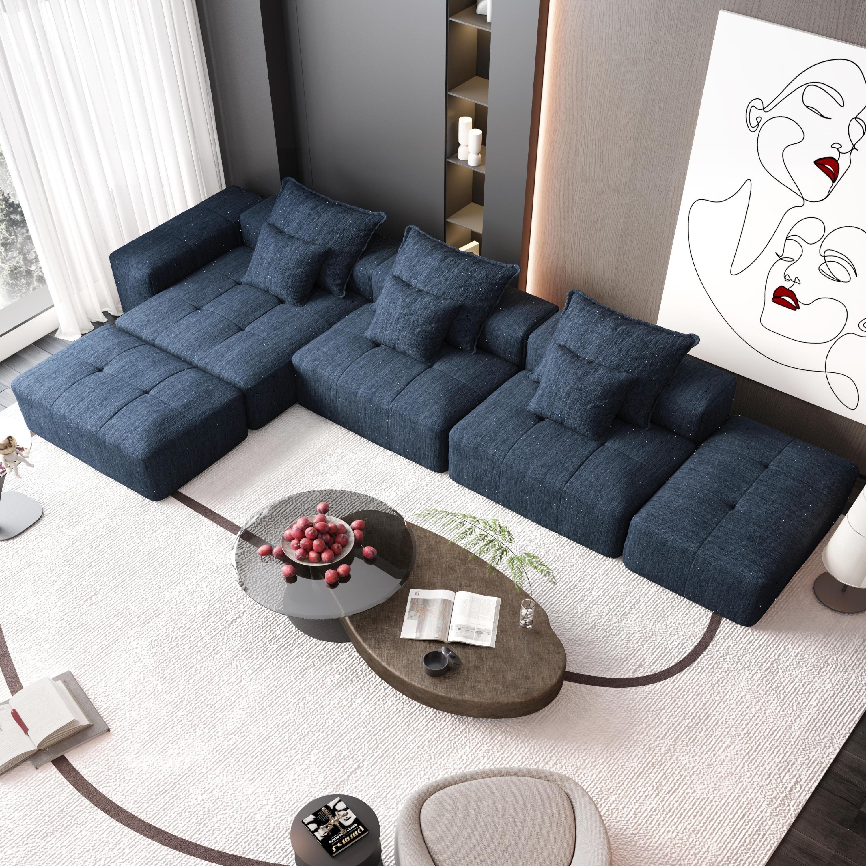 Modern Oversized Modular Sectional Sofa,Sparkling Chenille Fabric Soft Cushion Sofa with 6 Pillows,6 PCS DIY Combination Tufted Sofa,No Assembly Required,BLUE