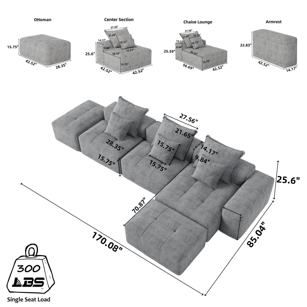 Oversized Modern Chenille Modular Sectional Sofa in Blue.