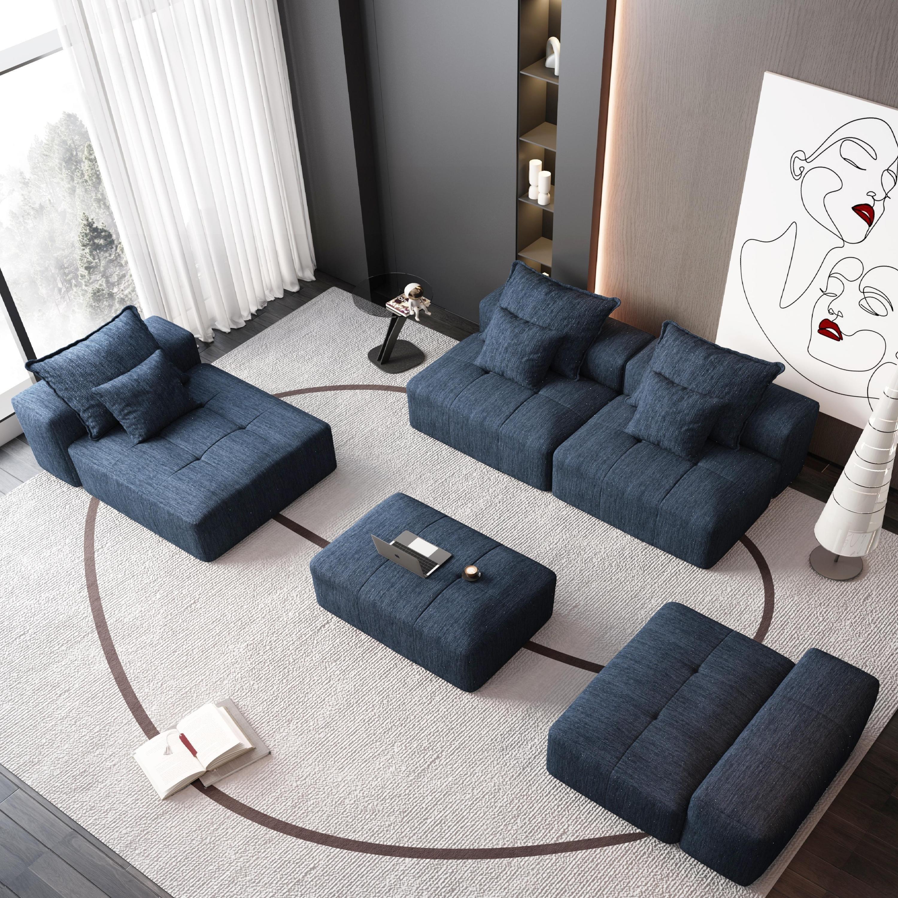 Oversized Modern Chenille Modular Sectional Sofa in Blue.