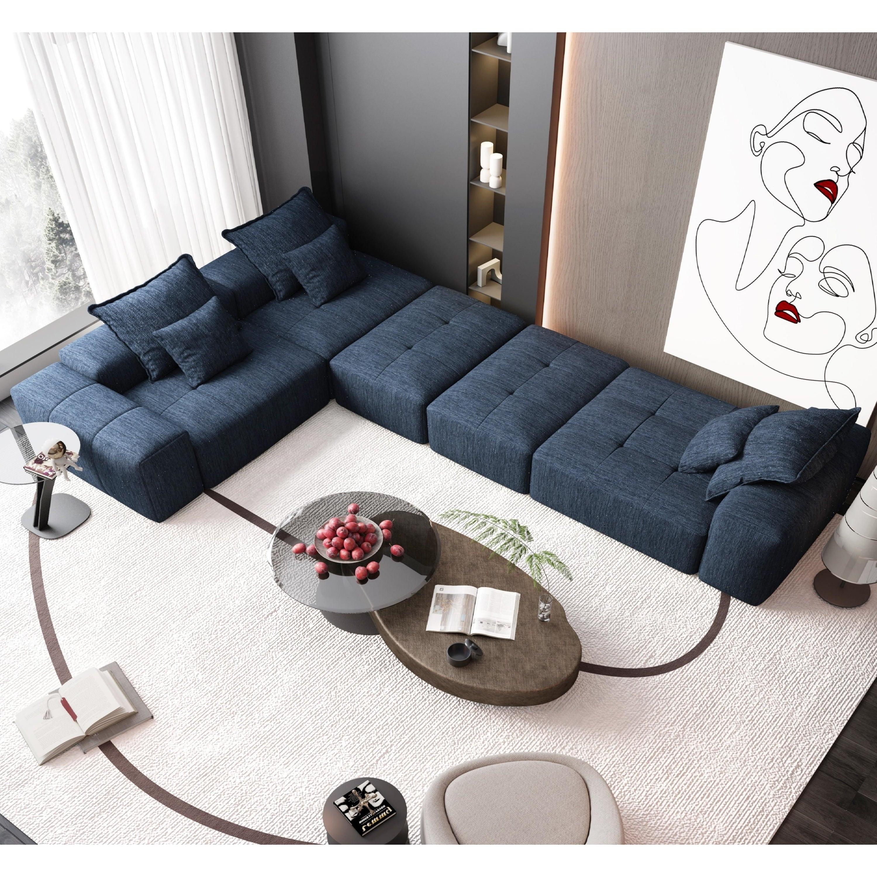 Oversized Modern Chenille Modular Sectional Sofa in Blue.