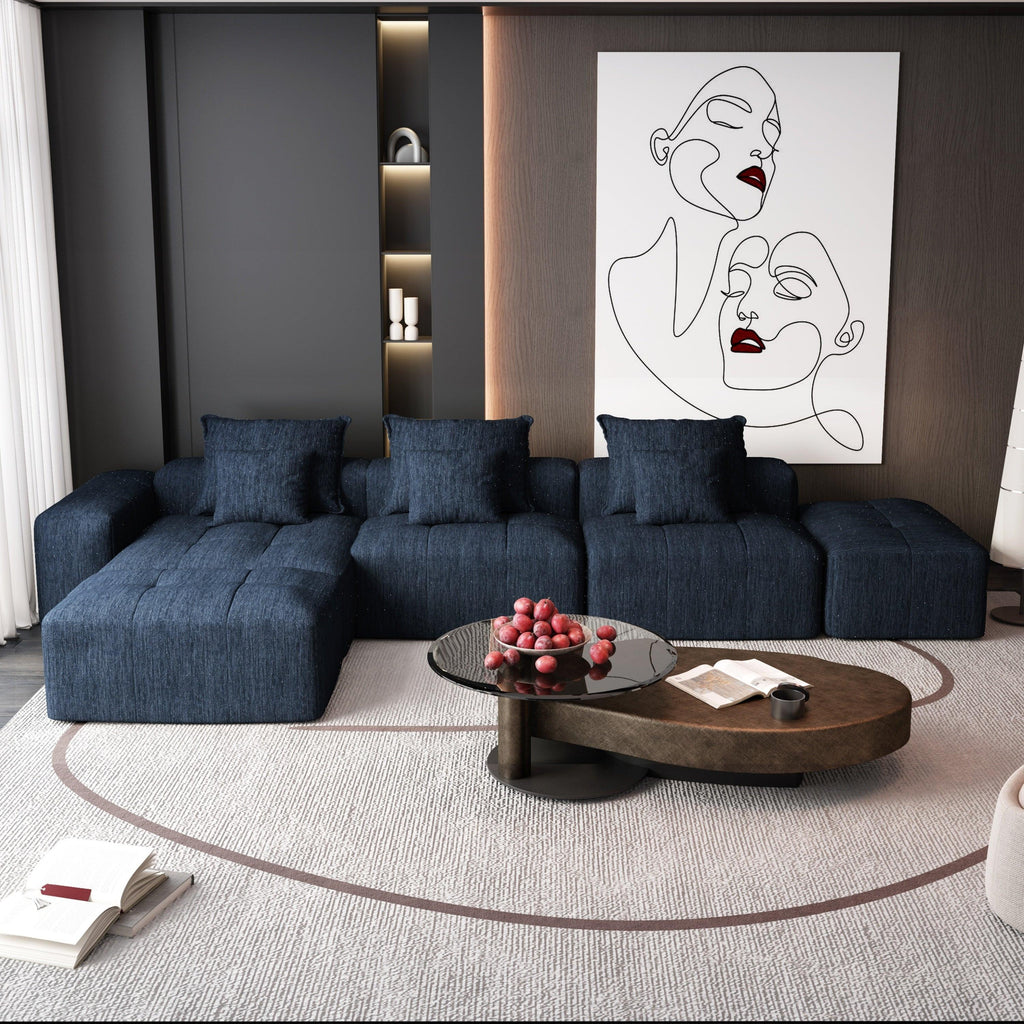 Oversized Modern Chenille Modular Sectional Sofa in Blue.