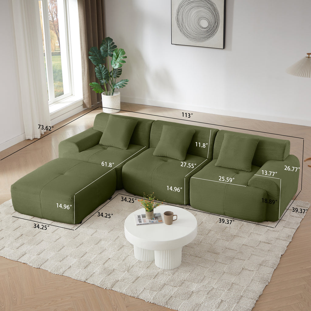 113' Modern L-Shaped Modular Sectional Sofa for Living Room, Corduroy Upholstery Green, Oversized 3-Seater Couch with Deep Seat and Movable Ottoman – No Assembly