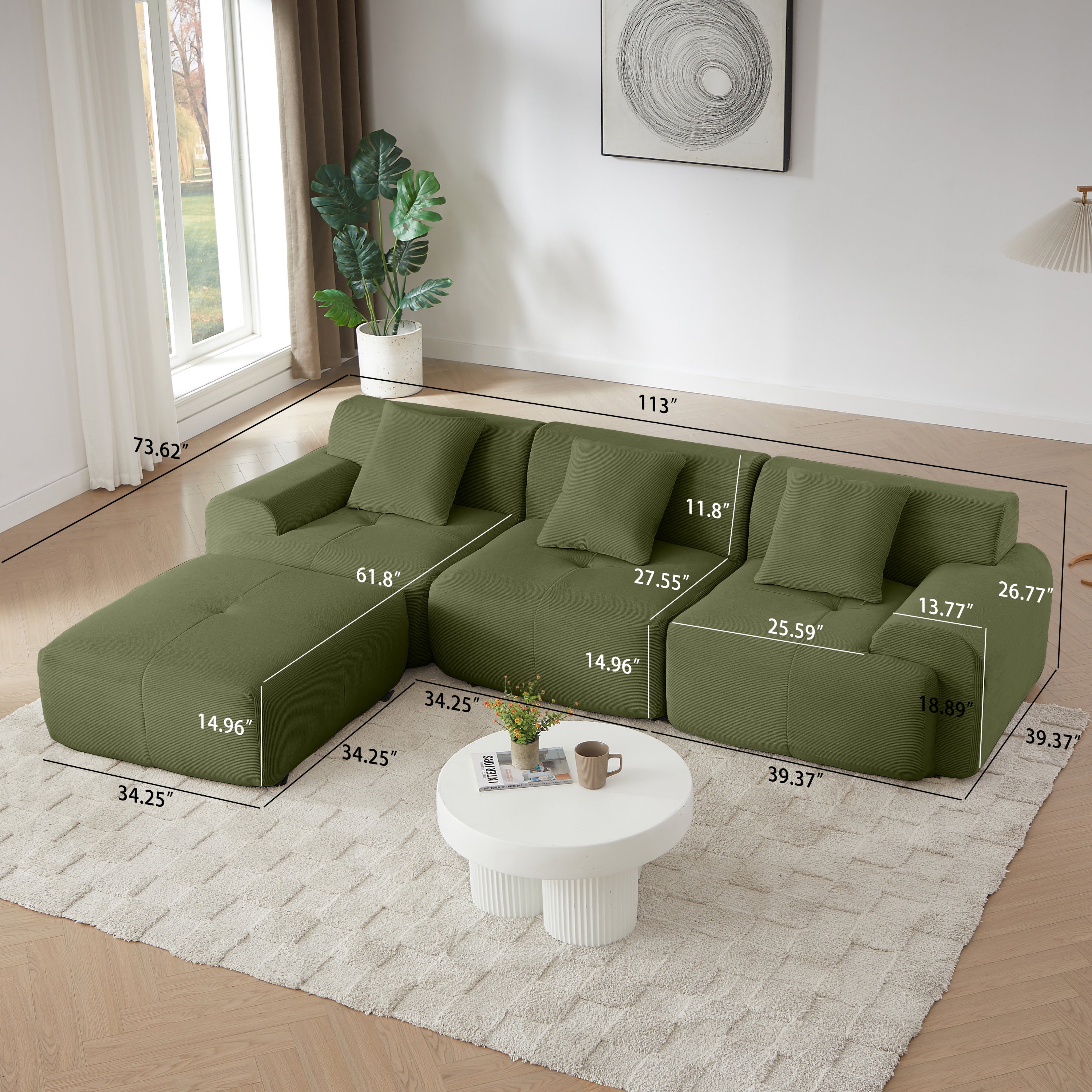 113' Modern L-Shaped Modular Sectional Sofa for Living Room, Corduroy Upholstery Green, Oversized 3-Seater Couch with Deep Seat and Movable Ottoman – No Assembly