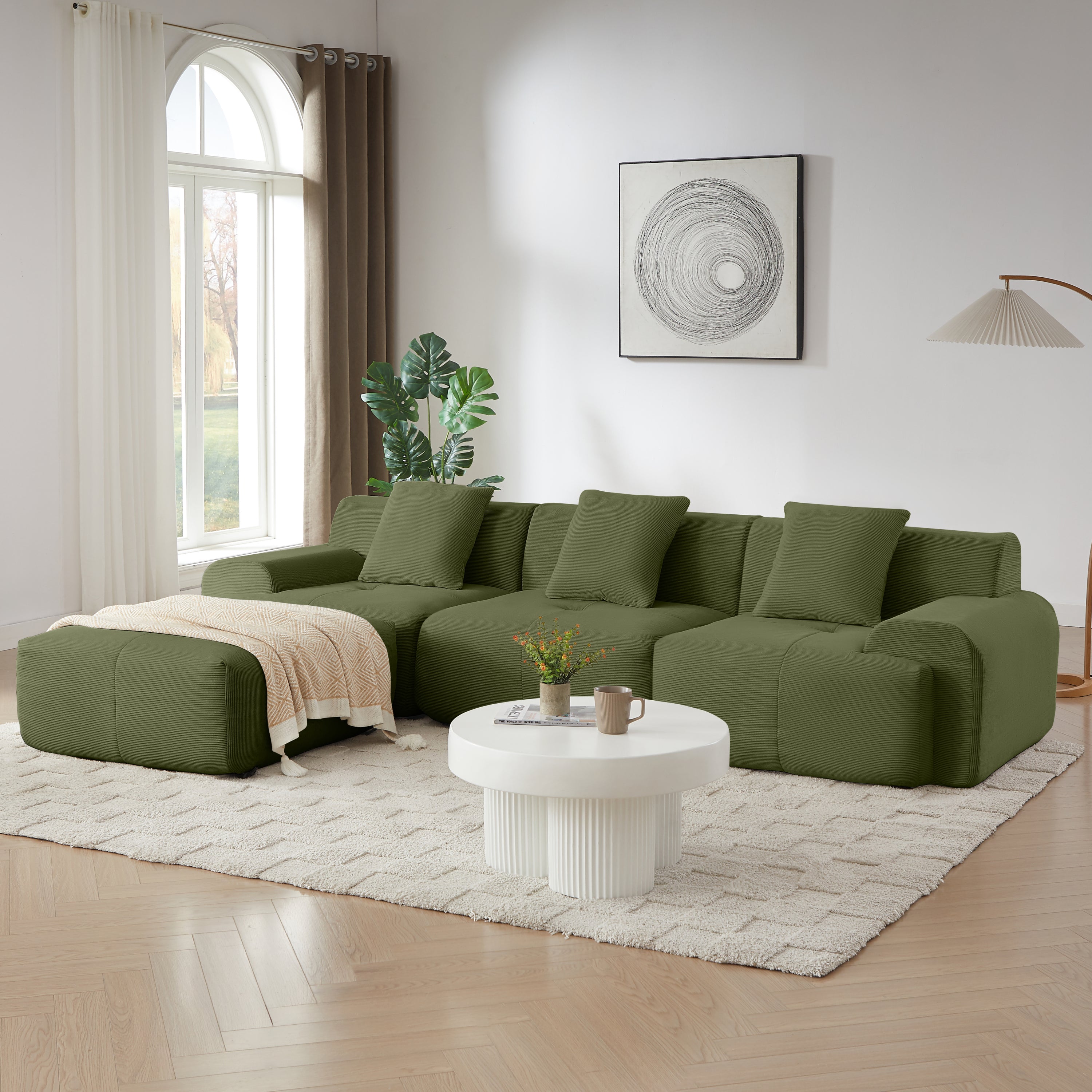 113' Modern L-Shaped Modular Sectional Sofa for Living Room, Corduroy Upholstery Green, Oversized 3-Seater Couch with Deep Seat and Movable Ottoman – No Assembly
